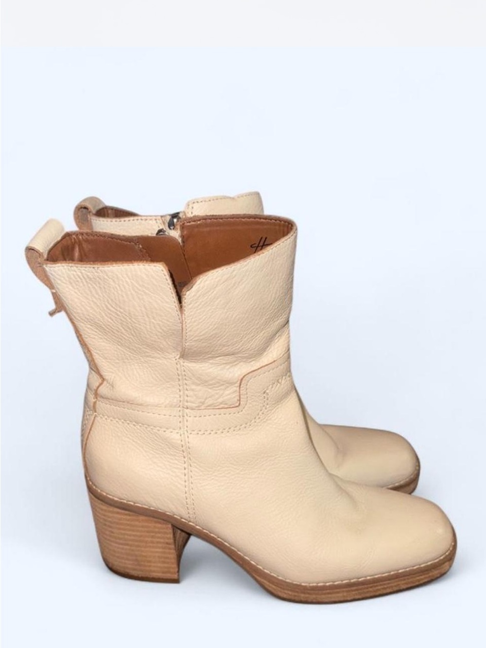 Franco Sarto Cream Leather Block Heel Ankle Boots